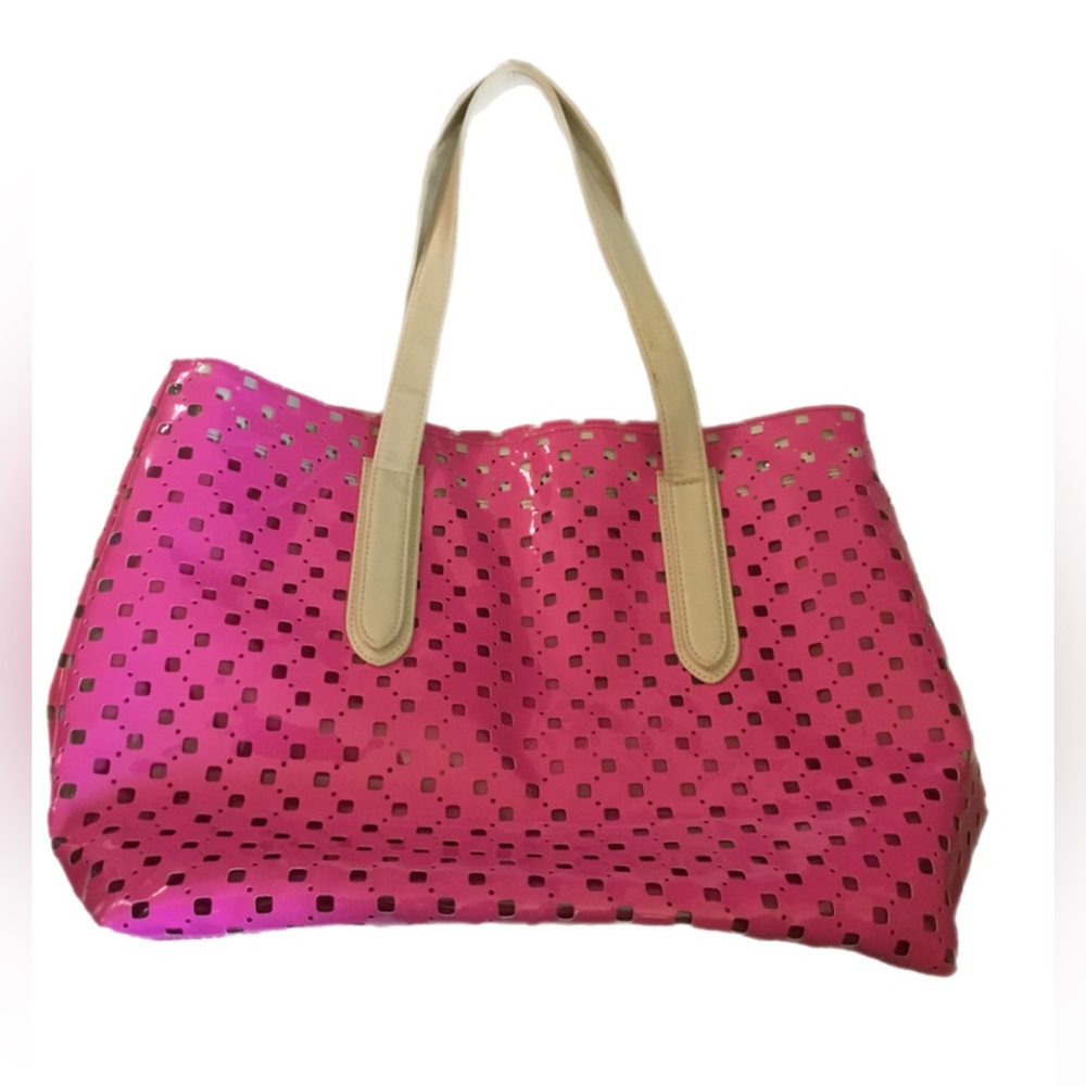 Ultra Chi Pink Perforated Tote Bag with Cream Straps